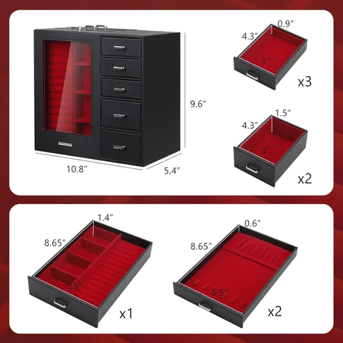 Miniatura 6 de Homde Joyero grande con ventana de cristal cajones para collares aretes anillos pulseras relojes regalo para mujeres y niñas