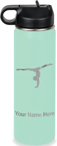 Miniatura 19 de LaserGram Botella de agua personalizada, gimnasta niña, acero inoxidable de doble pared aislada al vacío con popote superior, regalo grabado Azul