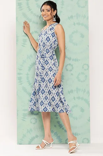 Miniatura 5 de Janasya Vestido de mujer gris crepé Ikat estampado A Line