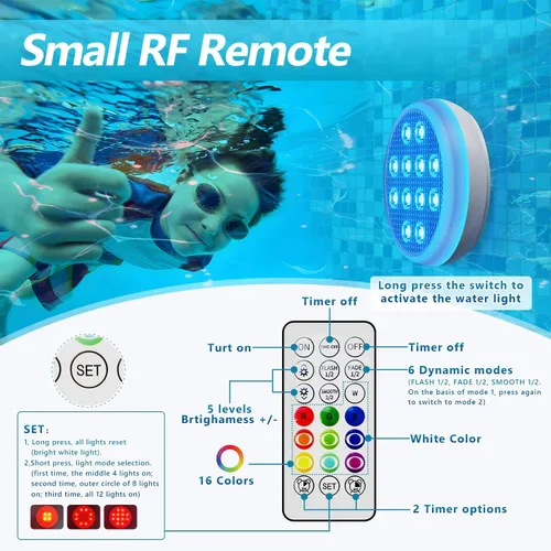 Miniatura 6 de QOLNBY - Luces de piscina recargables, luces LED sumergibles con control remoto, luces subacuáticas impermeables IP68, luz flotante que cambia de 16