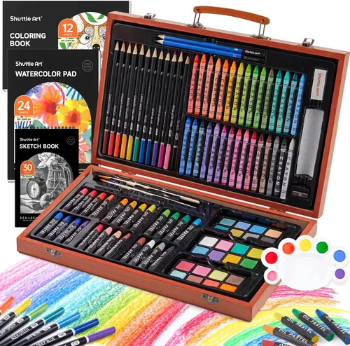 Miniatura 10 de Shuttle Art - Juego de 149 piezas de arte de lujo, suministros de arte en estuche de madera, kit de dibujo y pintura con crayones, lápices de Marrón