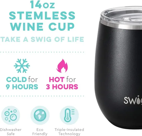 Miniatura 2 de Swig Vaso de vino aislado de 14 onzas con tapa, apto para lavavajillas, tazas de vino de acero inoxidable (negro)