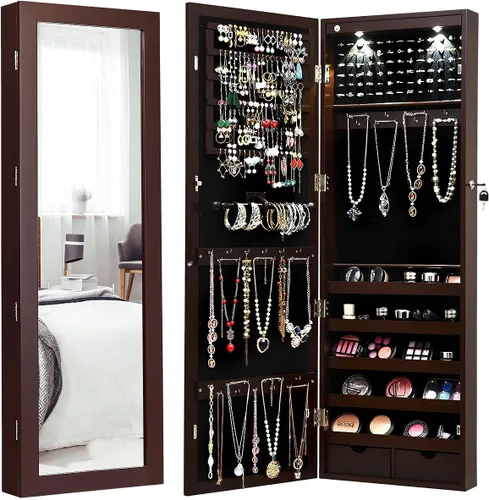 Giantex Organizador de joyas montado en la paredpuerta con 2 luces LED, armario de joyería de altura ajustable con cerradura con espejo de longitud