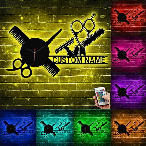 Miniatura 2 de Reloj de pared personalizado con nombre de barbería, herramienta de peluquería, reloj de madera para dormitorio, sala de estar, cocina, reloj