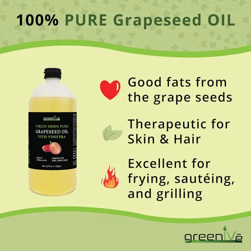 Miniatura 5 de GreenIVe Aceite de semilla de uva cultivado naturalmente 100% puro prensado en frío sabor ligero alta temperatura cocina 32 oz
