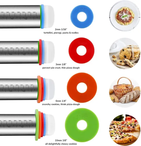 Miniatura 5 de Rodillo de acero inoxidable y juego de tapetes de silicona Vinoil, anillos de grosor ajustables - Para hornear masa, pizza, pasteles, pastas