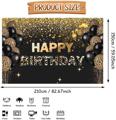 Miniatura 2 de Telón de fondo de feliz cumpleaños de 7 x 5 pies, lentejuelas doradas, globos de leopardo negro con purpurina, fondo para fotos, decoración