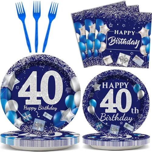 Miniatura 8 de 96 piezas de suministros para fiesta de cumpleaños número 50: platos azul marino y plateado, servilletas, tenedores y decoraciones de mesa para 24