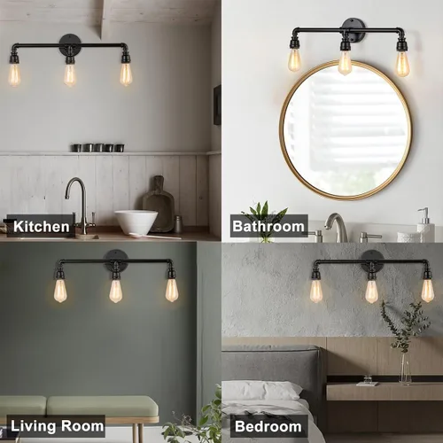 Miniatura 6 de Lámpara de tocador de baño, 3 luces de granja industrial de tubería de agua negra