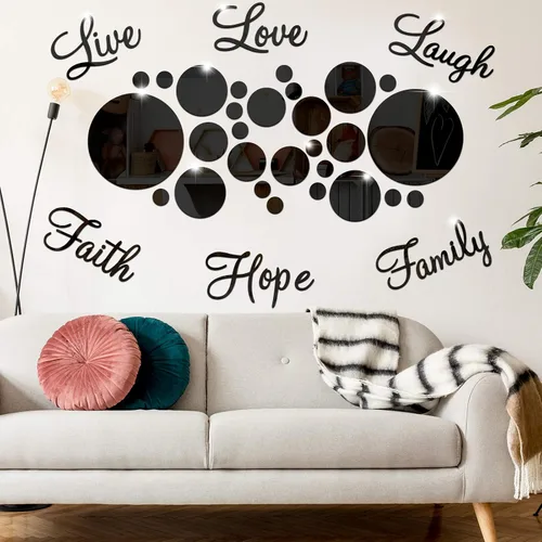 Miniatura 4 de Zonon Espejo acrílico 3D para decoración de pared, 6 palabras, bricolaje, fe, risa, esperanza, amor, familia, espejo, decoración de pared, 26 Negro