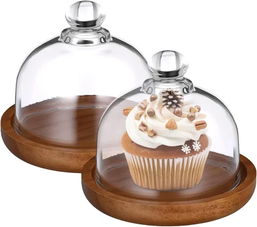 Yardwe Paquete de 2 mini cúpula de postre de cristal con base de madera, soporte para pasteles de 3.4 pulgadas con cubierta de vidrio transparente