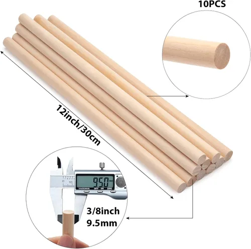 Miniatura 2 de Varillas de madera de 3/8 x 12 pulgadas para manualidades, 10 piezas de varillas de madera, varillas redondas para macramé, varillas de madera dura