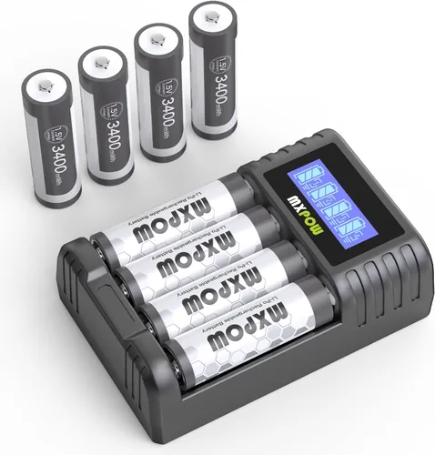 8 x Pilas AA Recargables con Cargador, Litio, 3400mWh, 1.5V | Li-ion, 1400+ cycles, High power, LCD Charger, For remote controls, smart locks, smoke