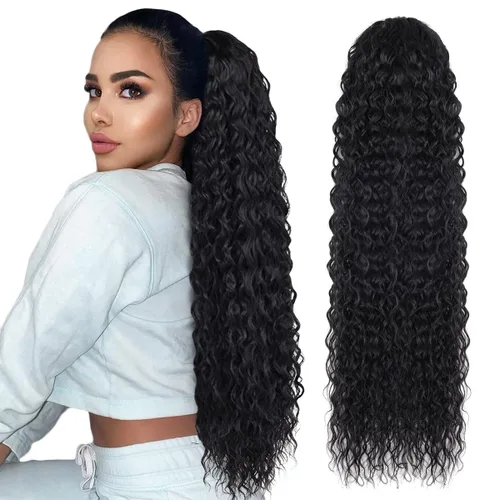 Miniatura 7 de Cola de caballo larga y rizada con cordón de 30 pulgadas, extensiones de cola de caballo sintéticas con clip, color negro para mujer, afro rizado