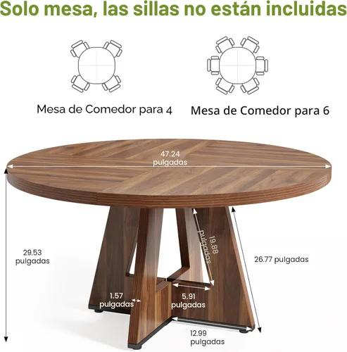 Miniatura 3 de LITTLE TREE Mesa de comedor redonda para 4-6 personas, mesa de comedor de 47 pulgadas con base de pedestal de madera, mesas de comedor marrones