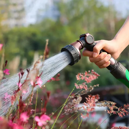 Miniatura 7 de RESTMO - Boquilla de manguera resistente, rociador de manguera de jardín de metal con 7 patrones de riego, control con pulgar, válvula de encendido