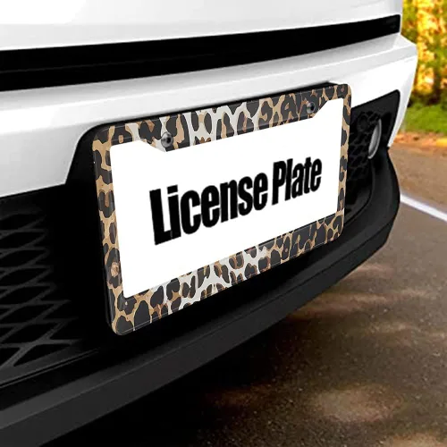 Miniatura 5 de Marco de matrícula con patrón de animal marrón, blanco y negro, marcos de automóvil de leopardo, soporte para matrícula, marco de metal de aluminio