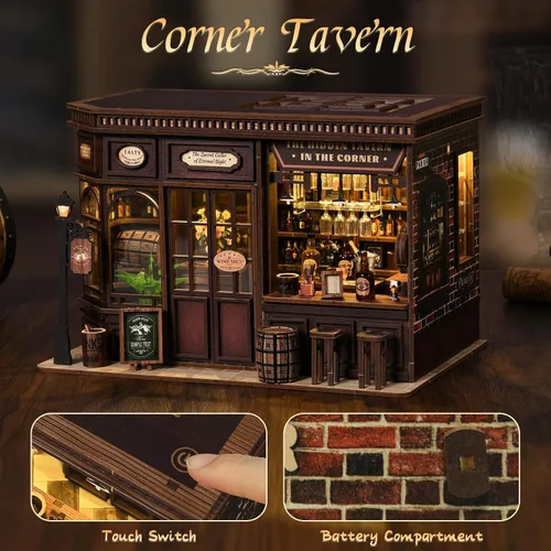 Miniatura 5 de Kit de rincón de libros, kit de casa de muñecas en miniatura con muebles y luz LED, rompecabezas 3D, sujetalibros de arte de madera, kits
