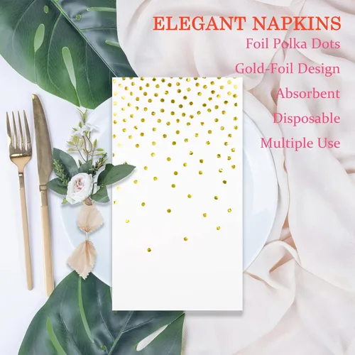 Miniatura 3 de DYLIVeS Paquete de 100 mini servilletas de papel de aluminio blanco y dorado con confeti de lunares, toallas de mano desechables de Navidad