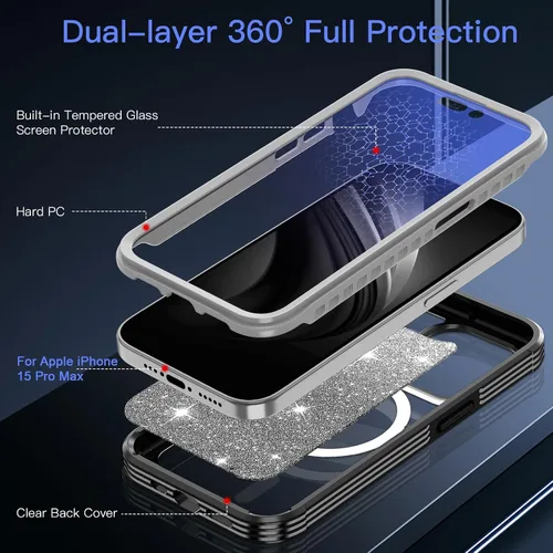 Miniatura 3 de Hekodonk Funda para iPhone 15 Pro Max, compatible con Magsafe [protector de pantalla de vidrio templado integrado y protección de lente de cámara]