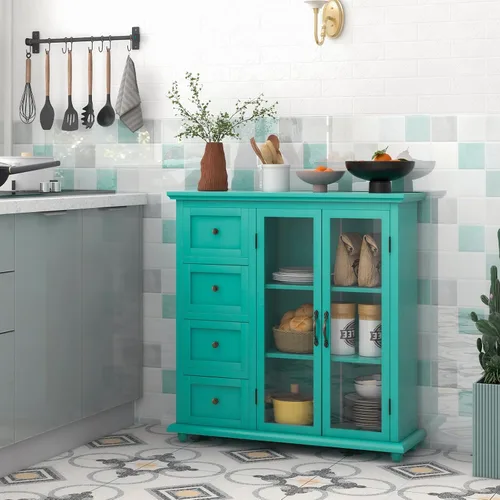 Miniatura 4 de LOKO Aparador de buffet, armario de almacenamiento de cocina, armario de 2 puertas con 4 cajones, estante ajustable y dispositivo antivuelco