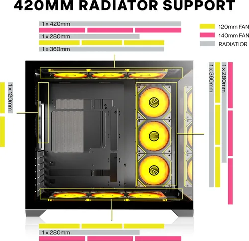 Miniatura 8 de PC CASE 9 PWM ARGB Ventiladores preinstalados, funda de PC para juegos de media torre, carcasa panorámica de vidrio templado para computadora