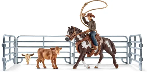 Schleich Farm World, juguetes de rodeo para niños, juego de lazo con vaquero, vaca y juguete de caballo, set de 11 piezas, para niños de 3 años en