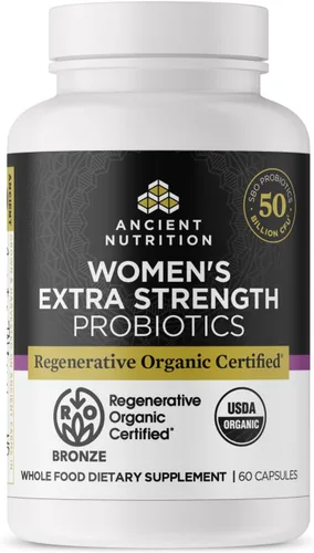 Ancient Nutrition Probióticos regenerativos orgánicos certificados para mujeres, probióticos extra fuertes para mujeres, digestión saludable y apoyo