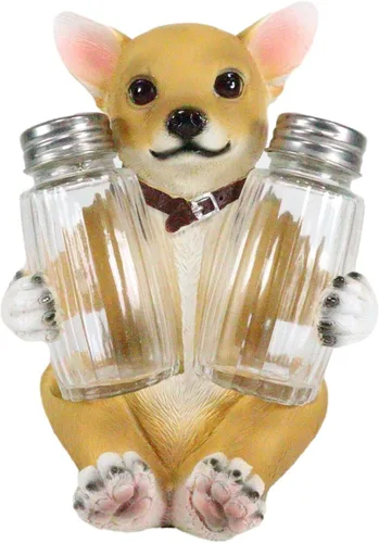 Miniatura 3 de Ebros Picante - Juego de figuras de taza de té de color marrón claro, chihuahua con collar, salero y pimienta, 6.25 pulgadas de alto, Chi Chi Taco
