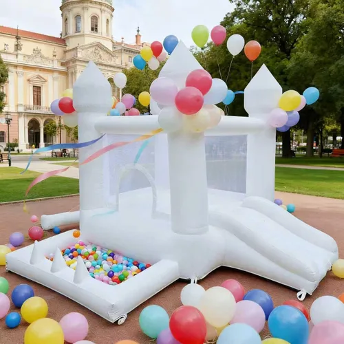 Casa de Rebote Blanca, Casa de Rebote para Interiores y Exteriores, Casa de Rebote Inflable con Pozo de Pelotas y Tobogán, Casa de Rebote para Niños