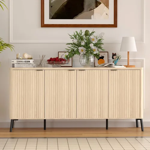 Miniatura 3 de Armario buffet, aparador grande de 63 pulgadas con almacenamiento, aparador moderno acanalado con 4 puertas, gabinete de almacenamiento de madera