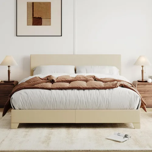 Miniatura 14 de Allewie - Base de cama Queen con cabecero tapizado ajustable, cama plataforma con listones de madera, base de colchón resistente, no necesita Gris