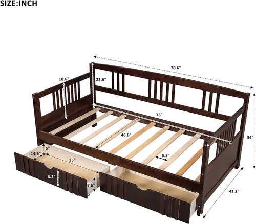 Miniatura 2 de Harper & Bright Designs Marco de cama esquinero de tamaño individual con cajones, sofá cama de madera maciza con almacenamiento y cabecero,