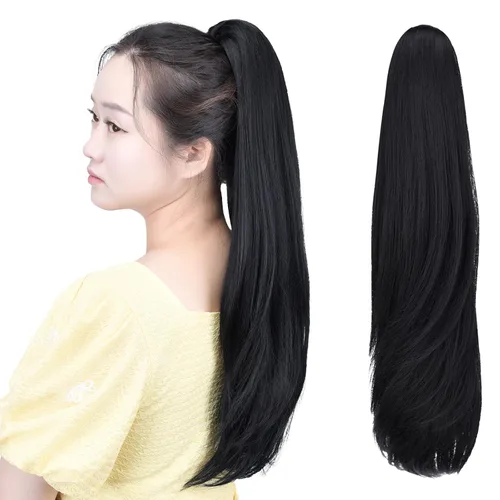 Miniatura 50 de Extensión de cola de caballo negra con clip de garra, ondulada, 10 pulgadas, 3.5 onzas, sintético, como verdaderos, postizos, para mujer, Yaki