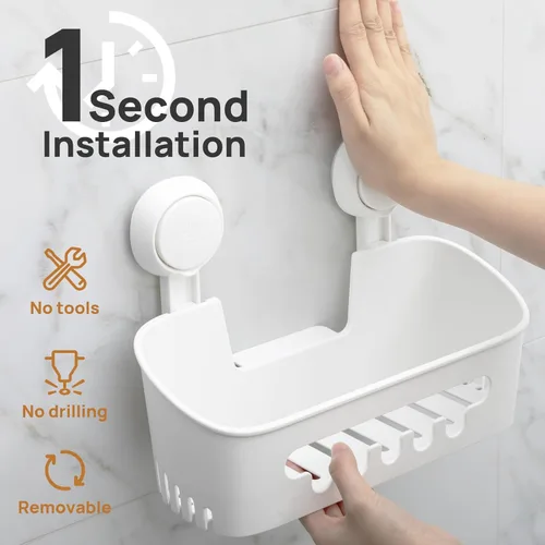Miniatura 2 de LEVERLOC Paquete de 2 ventosas para ducha, organizador de ducha, estante de baño extraíble, succión de almacenamiento, potente capacidad máxima
