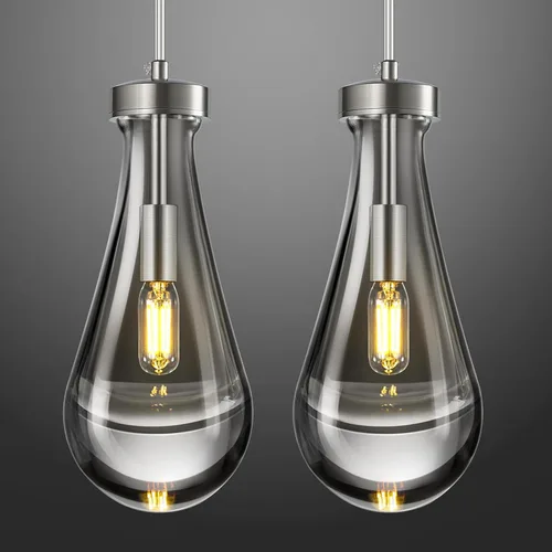 Miniatura 14 de Juego de 2 lámparas colgantes con forma de gota de lluvia, para isla de cocina, lámparas colgantes cromadas de cristal sólido transparente, Cromo