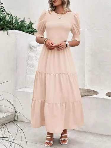 Miniatura 36 de BTFBM Vestidos para mujer, cuello redondo, casual, de verano, con volantes, manga corta, bohemio, con niveles, fruncido, largo, con estampado floral