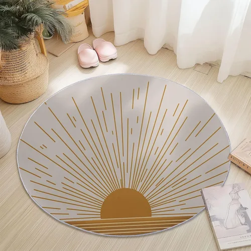 Miniatura 4 de Bath Mat Round Rug 2 ft, Boho Sun Line Mandala Washable Circular Rugs, Non Slip Absorbent Beige Circle Area Carpet for Kitchen Living Room Bedroom