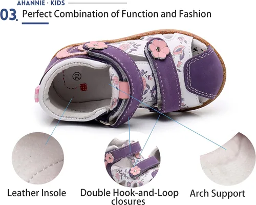 Miniatura 4 de Ahannie Sandalias de cuero genuino para niños y niñas con soporte para el arco, unisex con puntera cerrada, zapatos de verano para primeros