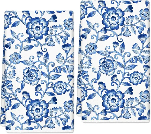 JarThenaAMCS Toalla de cocina floral azul y blanco, estilo bohemio, vintage, de 18 x 28 pulgadas, secado a mano, para cocinar, hornear, limpiar, 2