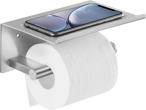 Soporte de papel higiénico con estante, soporte adhesivo montado en la pared para baño, soporte para rollo de pañuelos con estante de almacenamiento
