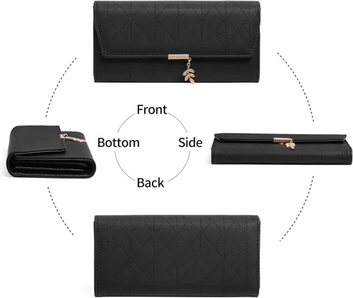 Miniatura 5 de aurrako Carteras de cuero para mujer, tarjetero de cuero RFID, triple pliegue, monedas, bolsillo con cremallera y ventana de identificación, gran
