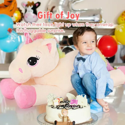Miniatura 7 de Tezituor Juguetes de unicornio de peluche de 32 pulgadas, animales de unicornio gigante beige de peluche, encantadoras decoraciones de peluche