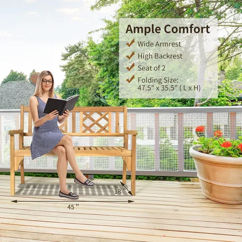 Miniatura 7 de S AFSTAR Banco de jardín plegable para patio, banco para exteriores de 4 pies con asiento de listones y reposabrazos cómodo, banco de patio