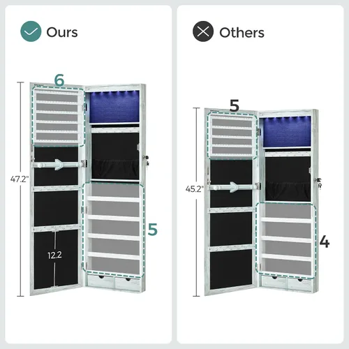 Miniatura 7 de SONGMICS - Gabinete organizador de joyas con 6 luces LED, para montar en la pared o en la puerta, de 47.3pulgadas de alto, con espejo y 2 cajones