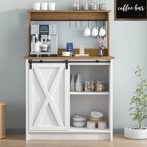 Barra de café estilo granja con aparador, gabinete de barra de café blanco con almacenamiento y puerta corredera tipo granero, gabinete buffet de 31