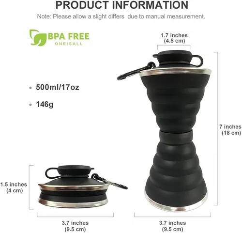 Miniatura 2 de Collapsible Water Bottle, Camping Cup With Carabiner, Reuseable Silicone Foldable Leak Proof Portable Sports Travel Water Bottles For Outdoor, Negro