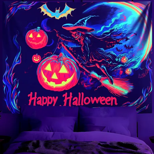 Miniatura 41 de BVBOX Tapiz de Halloween con luz negra, reactivo a los rayos UV que brilla en la oscuridad, póster de tapiz trippy con luz negra para sala de estar