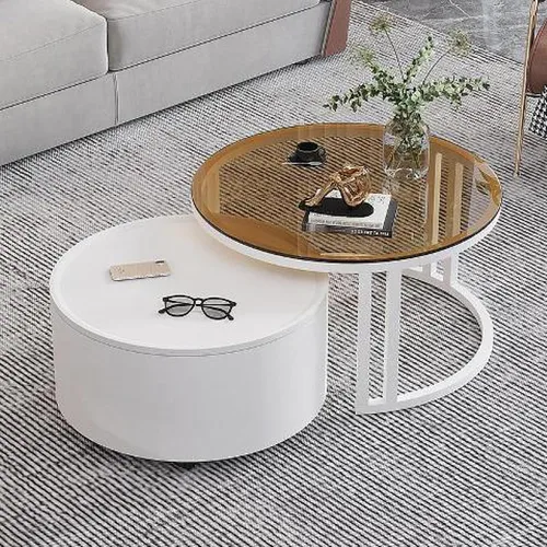 Miniatura 15 de Couchtisch Rund 2er Set, Kreativer Runder Couchtisch Aus Glas mit Metallrahmen, Mit Stauraum für Kleine Räume Wohnzimmer Schlafzimmer Balkone mit B
