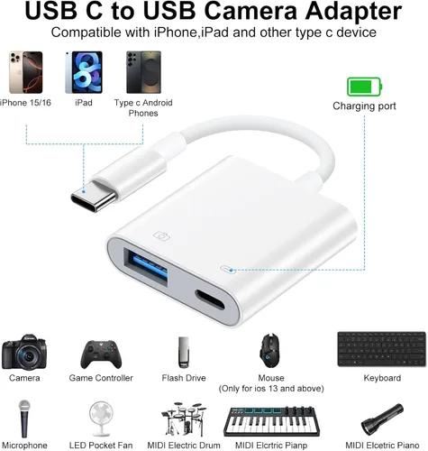 Miniatura 5 de Adaptador de cámara USB a USB C con puerto de carga para iPhone 16e 16 15 MacBook, adaptador USB hembra OTG para Android Samsung Galaxy A17 A36 A56